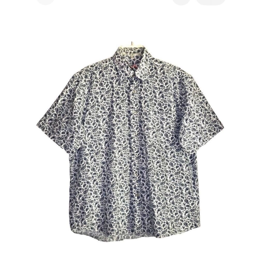 Alan Flusser Paisley Short Sleeve Button Down Shirt in White/Navy Men’s L